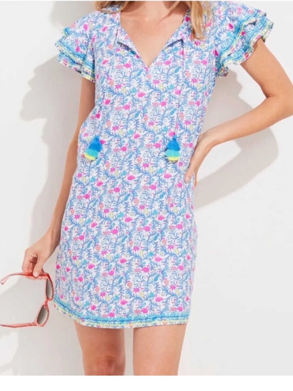 Vineyard Vines Flamingo Print Tassel Linen Shift Dress